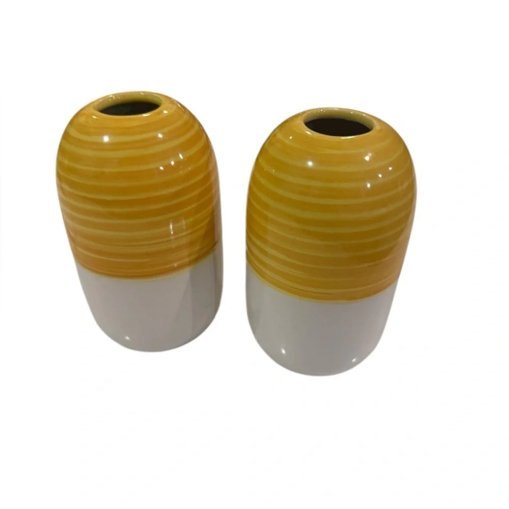 IKEA Knaprig Stoneware Beehive Cylinder Vases in Yellow and White Vintage